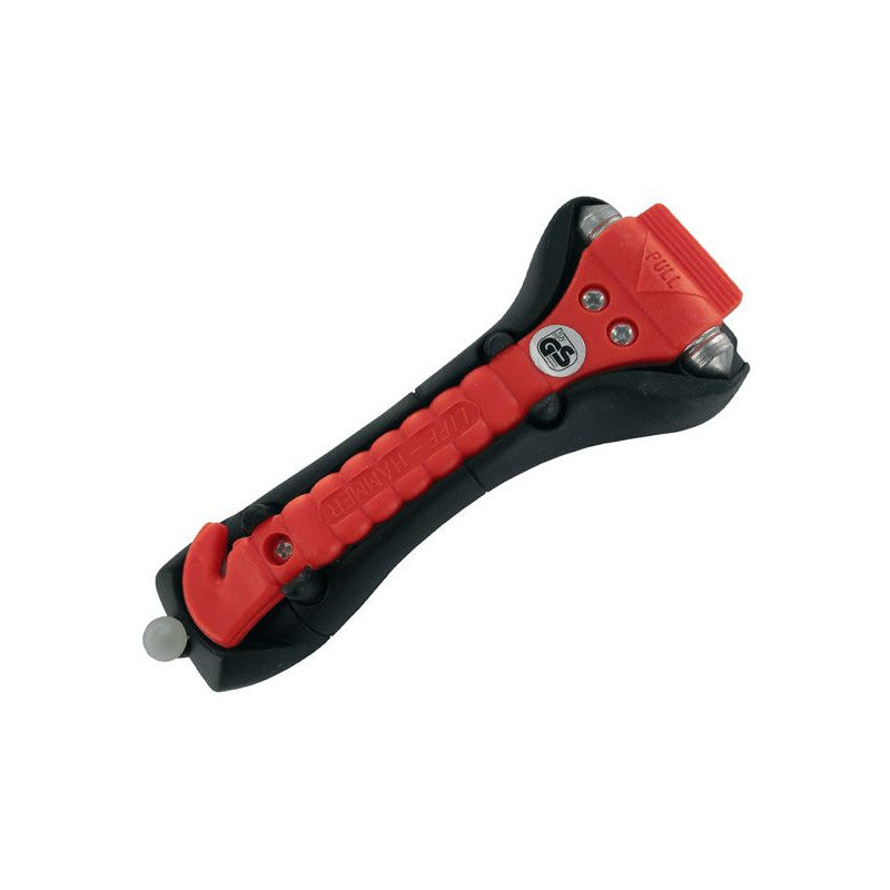 Window breaker and seat belt cutter hammer