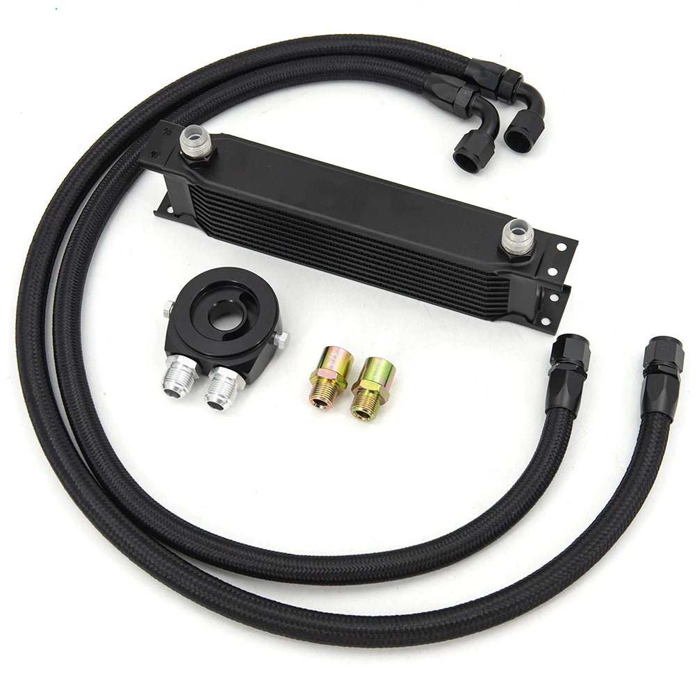 KIT refroidisseur d'huile 13 rangées M-MODEL refroidisseur d'huile + adaptateur de filtre à huile + NYLON Tuyau tressé en acier inoxydable - KARIBPARTS
